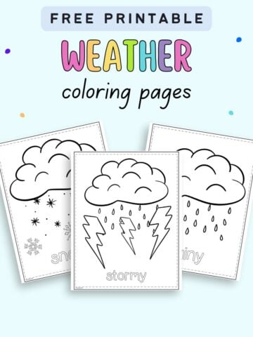 text "free printable weather coloring pages" with a preview of three weather coloring pages