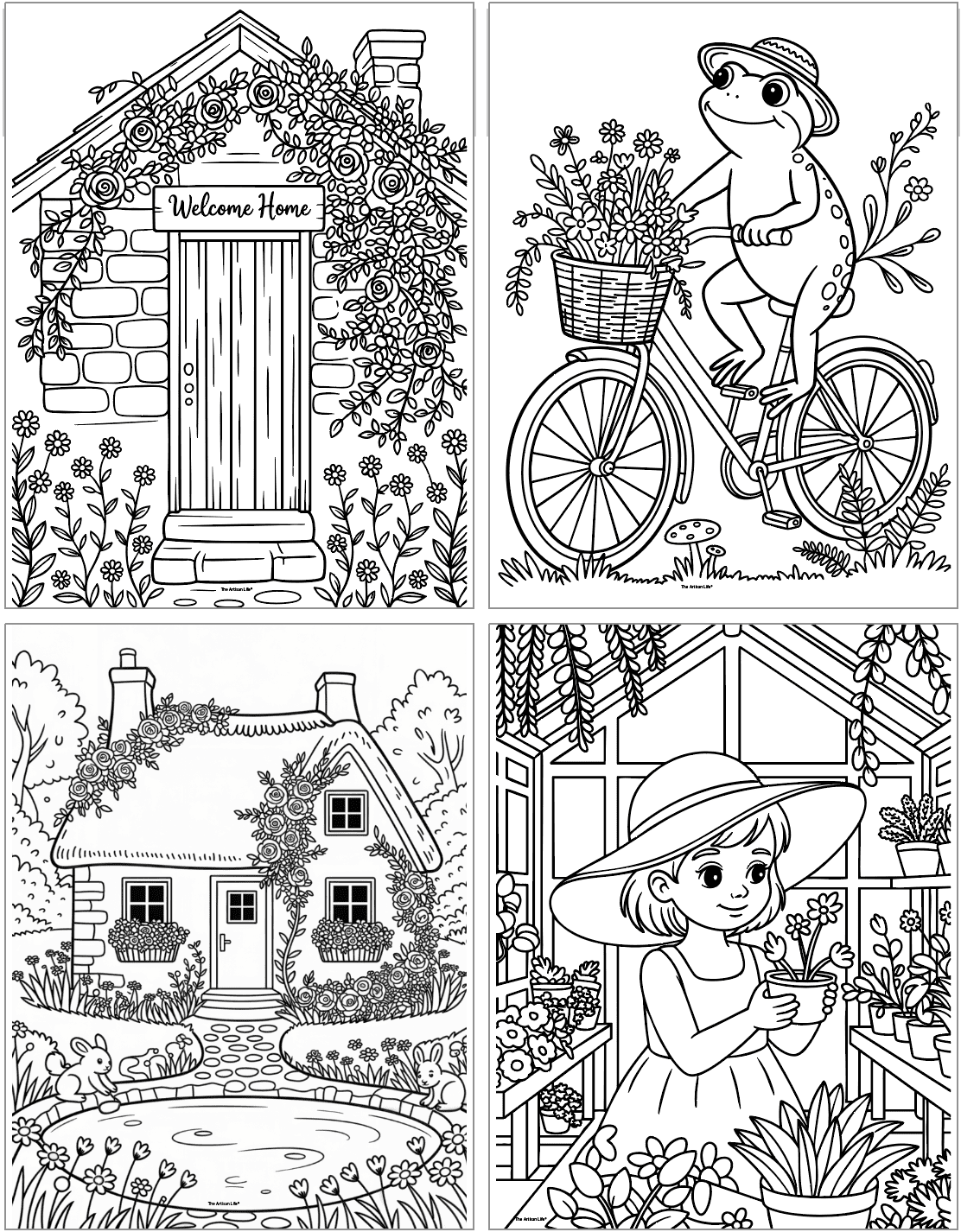 The image features four cottagecore coloring pages, including a flower-adorned cottage, a frog riding a bicycle with flowers, a picturesque cottage surrounded by a pond and bunnies, and a girl in a hat tending to plants in a greenhouse, suitable for printable art for a cottagecore home.
