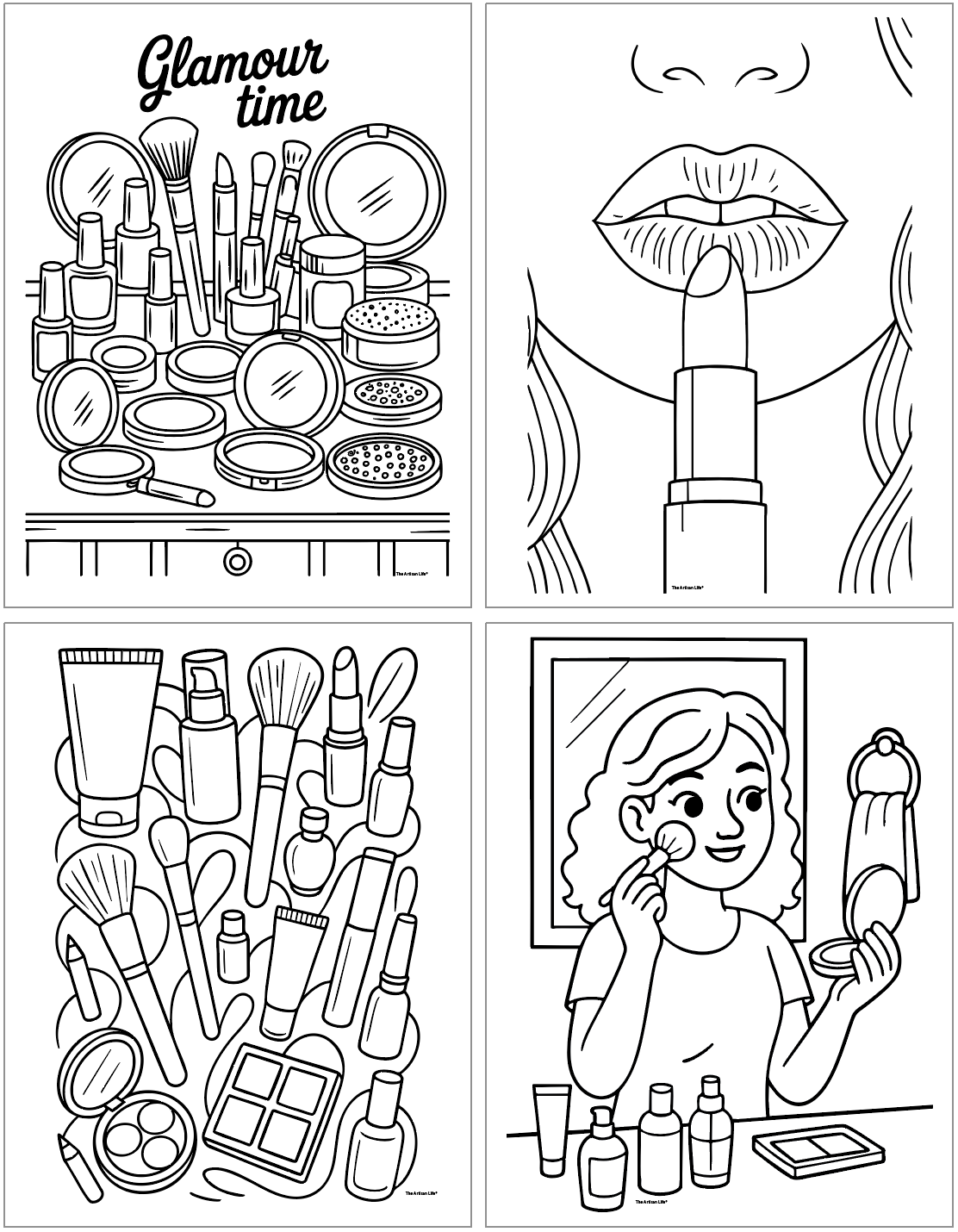 A collection of four black-and-white coloring pages featuring various makeup and skincare items, including a display of cosmetics, a close-up of lips applying lipstick, an assortment of makeup tools, and a person applying makeup in front of a mirror, suitable for free printable makeup coloring activities.
