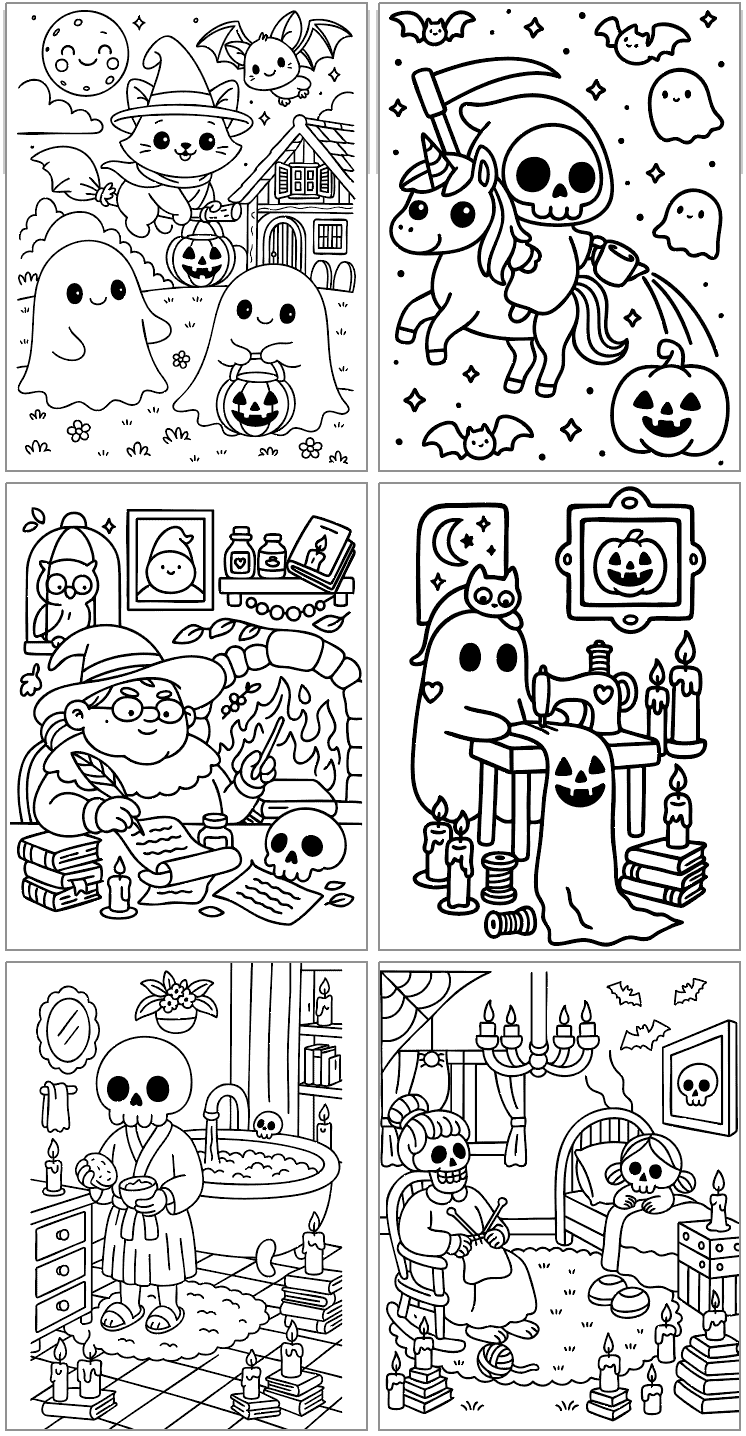 A collection of six illustrations featuring various Halloween-themed scenes, including ghosts, a witch cat, a skeleton on a unicorn, and cozy indoor settings, perfect for Halloween coloring pages.
