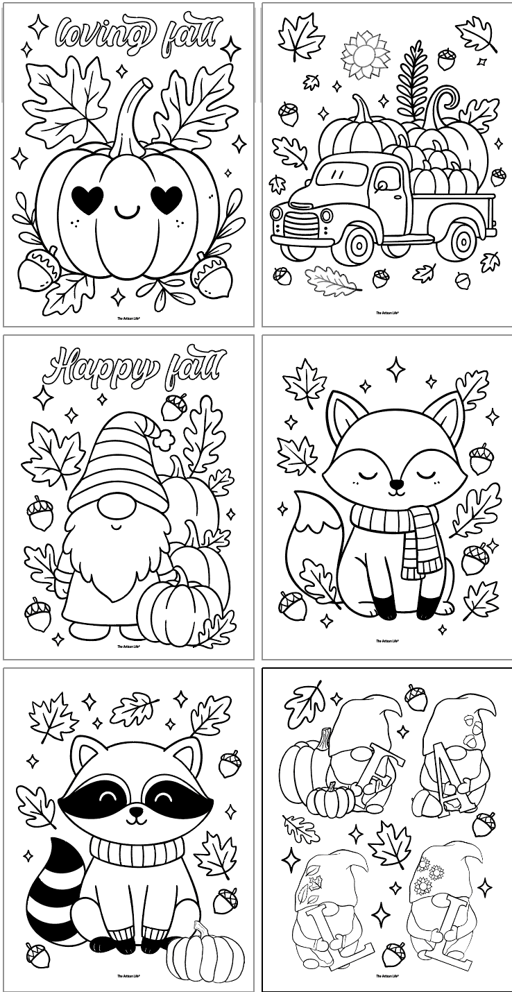 A collection of six black-and-white fall-themed coloring pages featuring a pumpkin, a vintage truck with pumpkins, a gnome, a fox, a raccoon, and additional fall-related elements, designed as easy and cute fall coloring pages for free printable use.
