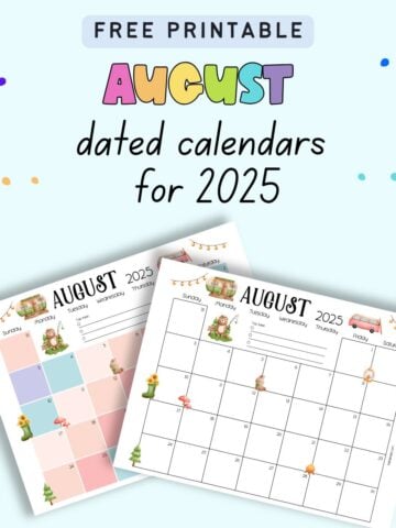 text "free printable august dated calendars for 2025" with a preview of two calendar pages