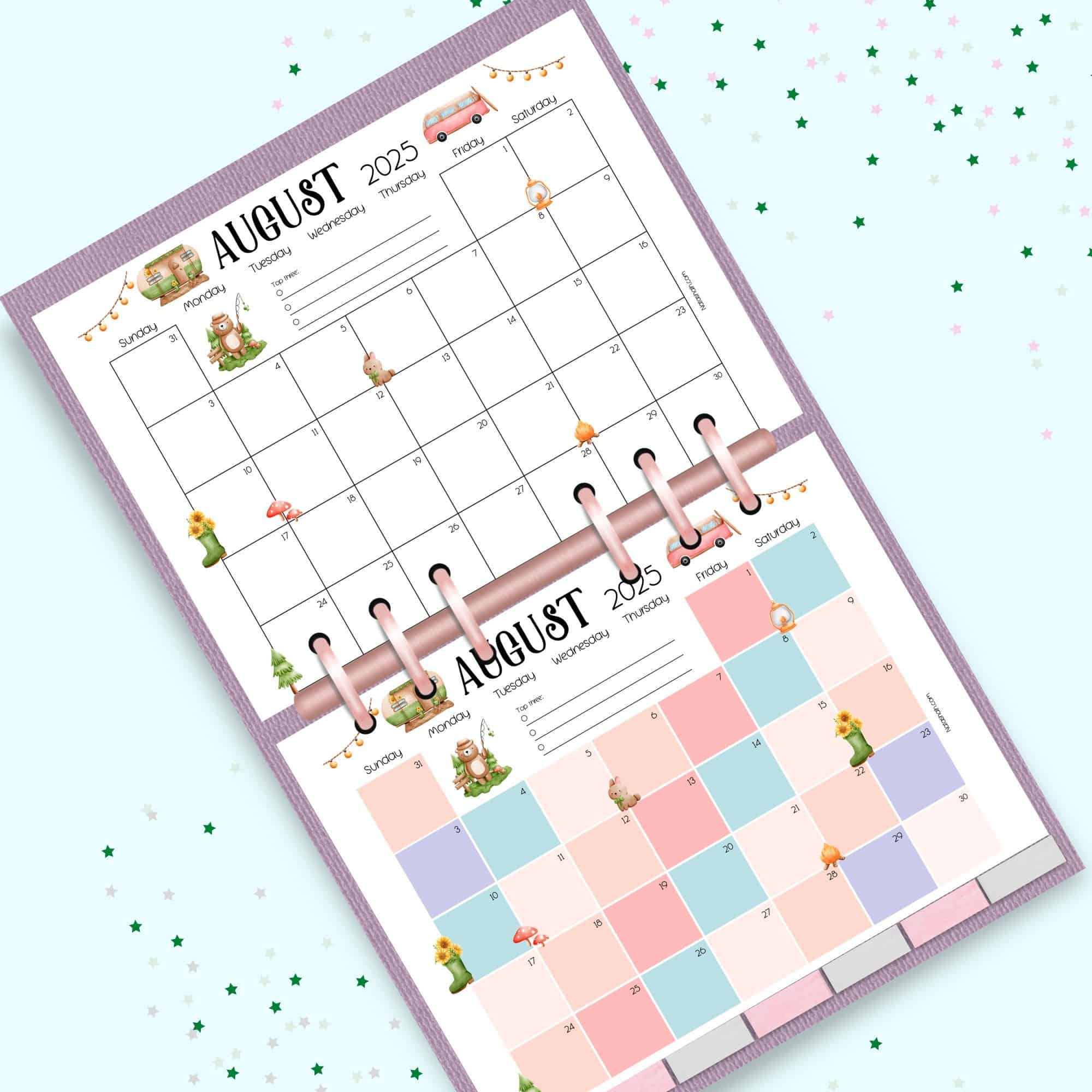 a mock of a planner with two August 2025 dated calendar pages