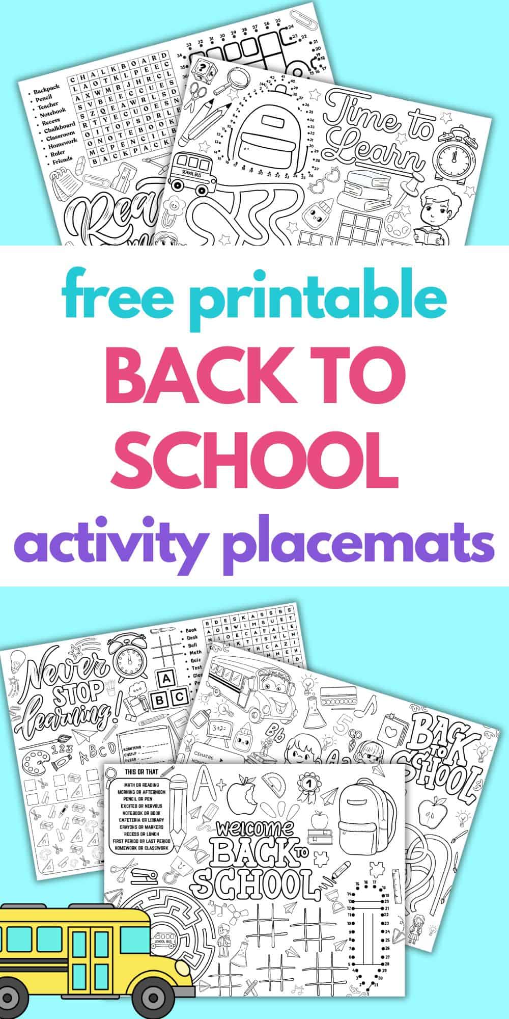 text "free printable back to school activity placemats" with five activity placemat printables