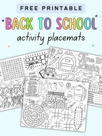 text "free printable back to school activity placemats" with a preview of there activity placemats