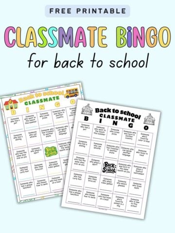 text "free printable classmate bingo for back to school" with a preview of two back to school classmate bingo ice breaker activities