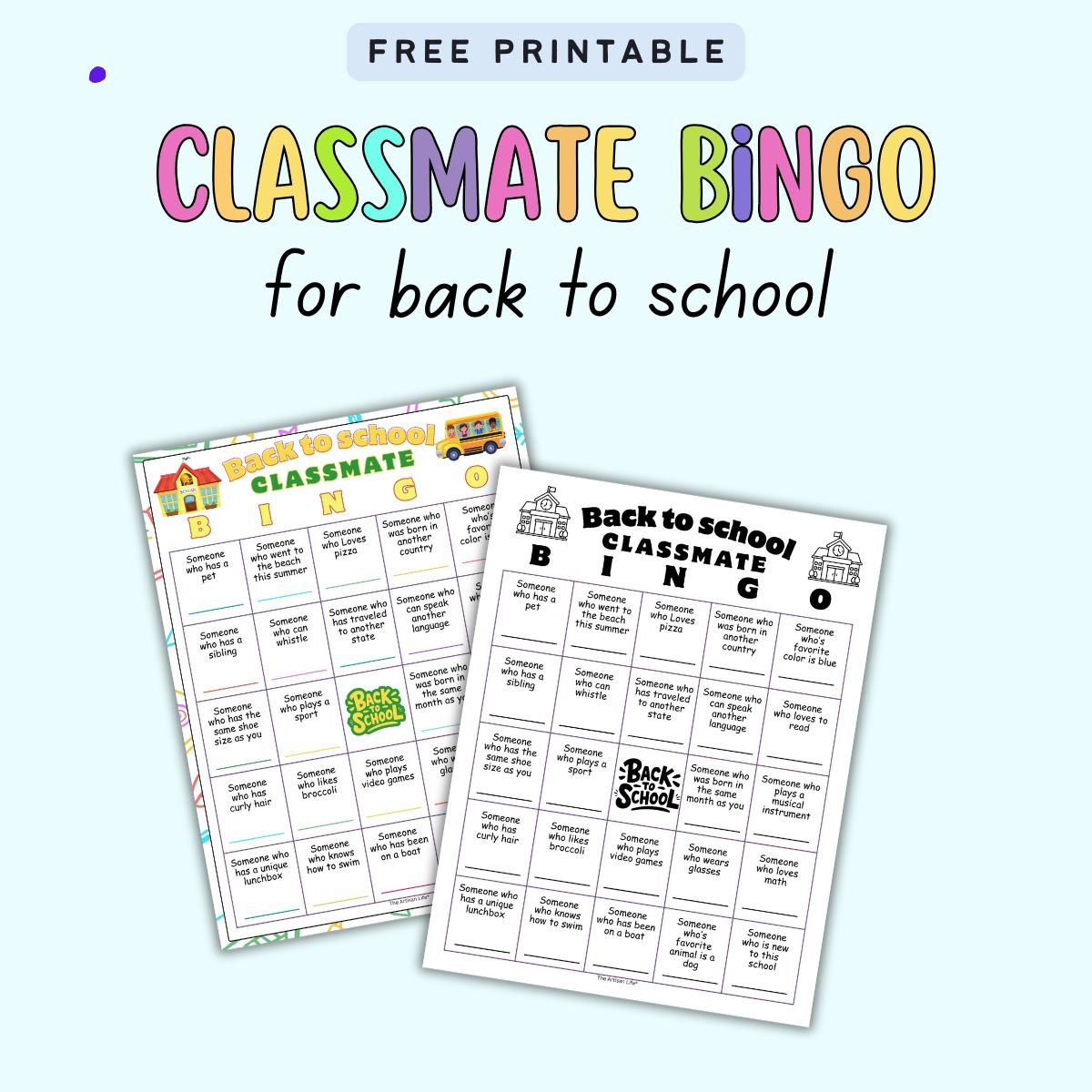 text "free printable classmate bingo for back to school" with a preview of two back to school classmate bingo ice breaker activities