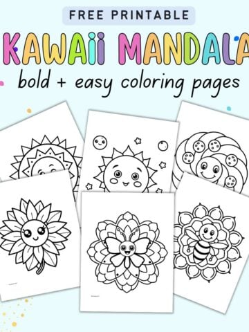 A collection of Kawaii-style mandala coloring pages for toddlers, featuring easy designs like flowers, suns, and playful characters, designed for kids to enjoy bold and easy coloring.