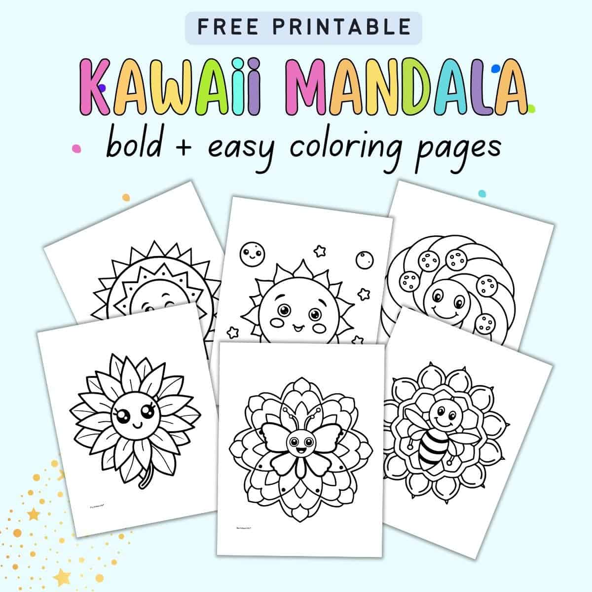 A collection of Kawaii-style mandala coloring pages for toddlers, featuring easy designs like flowers, suns, and playful characters, designed for kids to enjoy bold and easy coloring.
