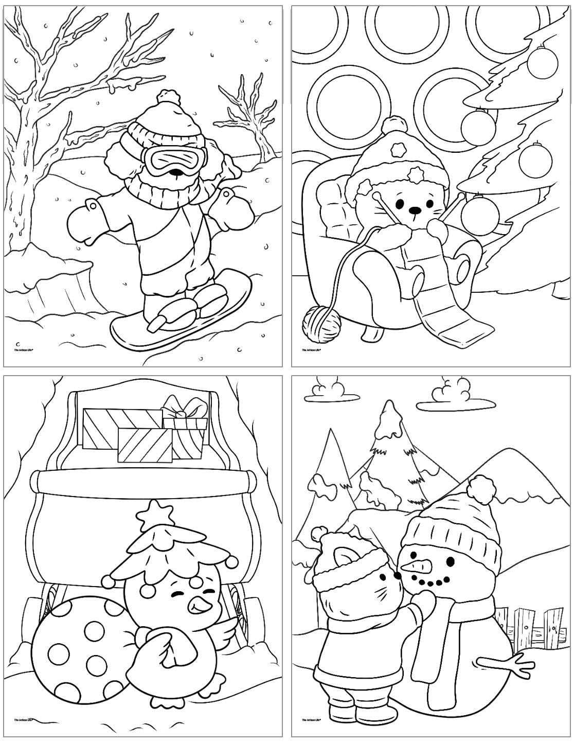 A collection of four bold and easy Christmas coloring pages featuring a snowboarding character, a cozy animal by a tree, a sleigh with gifts, and a cat interacting with a snowman, ideal for a cute Christmas coloring book.
