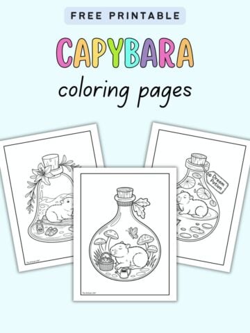 Three printable coloring pages featuring cute capybaras inside jars, accompanied by decorative elements like plants and mushrooms, with a header indicating "Free Printable Capybara Coloring Pages."