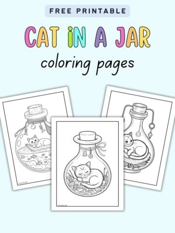 A selection of three black and white coloring pages featuring a cat inside a jar, labeled as "Cat in a Jar coloring pages" with the text "Free Printable."