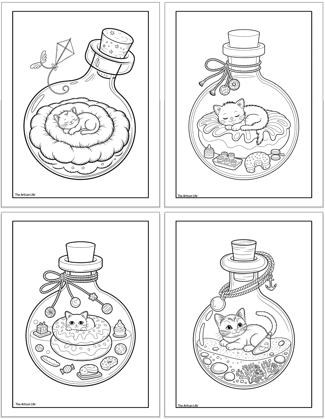 The image features four coloring pages depicting cats inside jars with various decorations, including pillows, donuts, and a terrarium scene.
