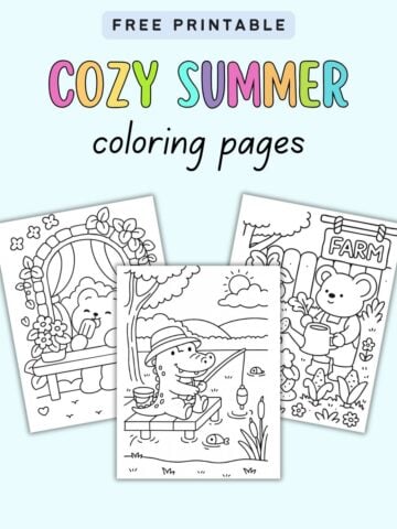 Three free printable coloring pages are displayed, featuring a bear sitting by a flower-adorned arbor, a crocodile fishing on a dock, and a bear watering plants in a farm setting, all designed for cozy summer coloring activities.
