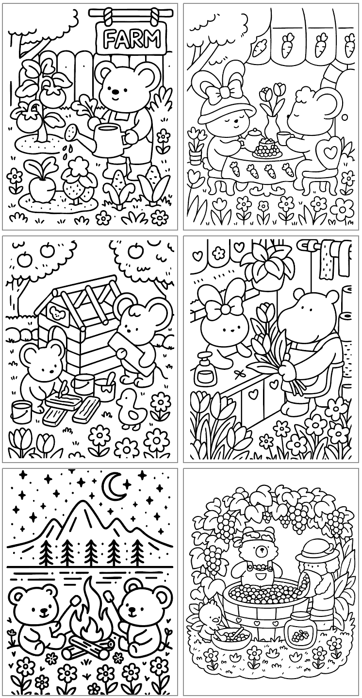 A grid of six black and white coloring pages featuring cute animals engaging in various activities such as gardening, having a tea party, building a playhouse, and enjoying a campfire under the moon.
