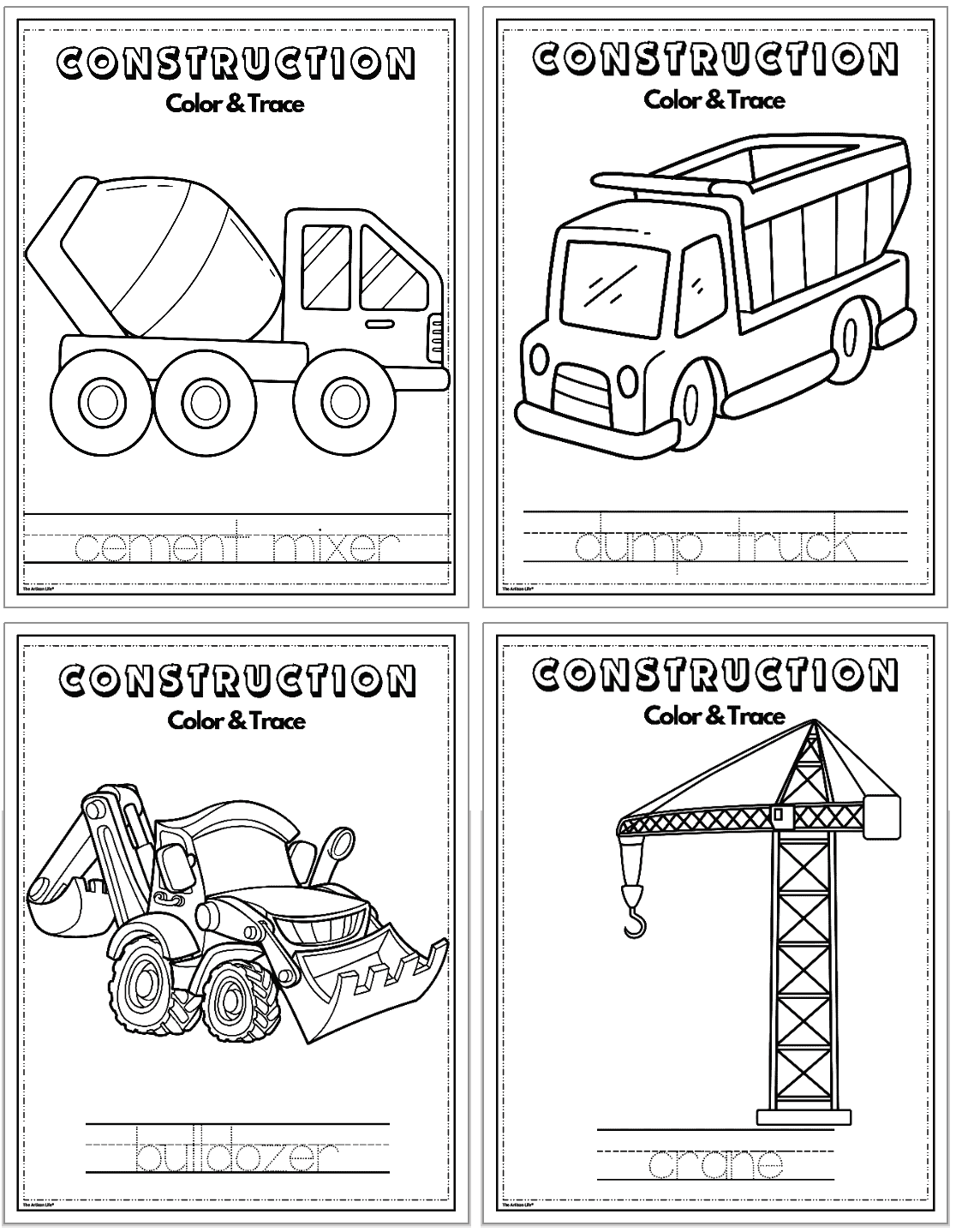 A set of four construction-themed coloring pages features a cement mixer, dump truck, bulldozer, and crane, each labeled for coloring and tracing, suitable for preschool transportation theme crafts.
