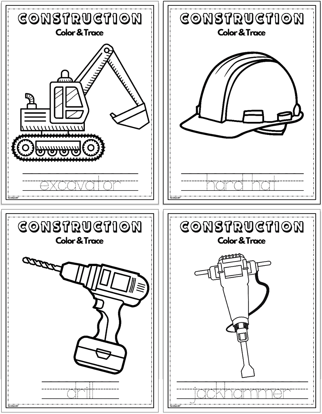 A set of coloring pages featuring construction vehicles and tools, including an excavator, hard hat, drill, and jackhammer, designed for preschool transportation theme crafts and coloring activities.
