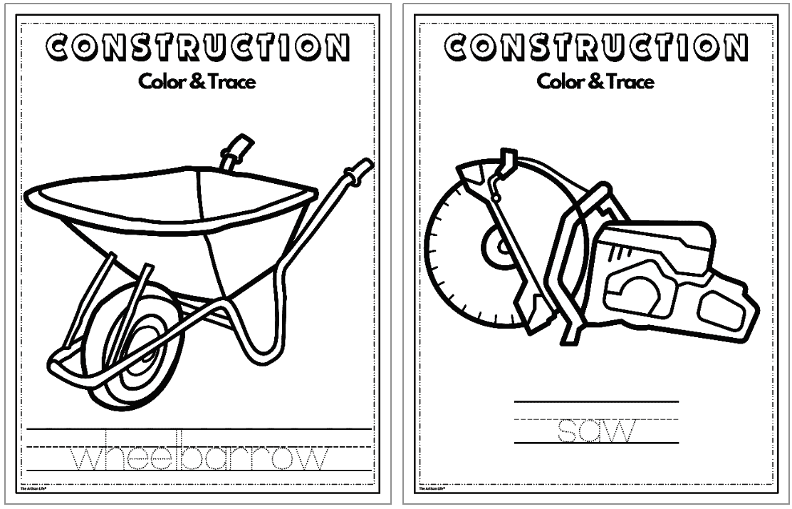 A coloring page featuring a wheelbarrow and a saw, labeled for tracing, designed with a construction theme for kids.
