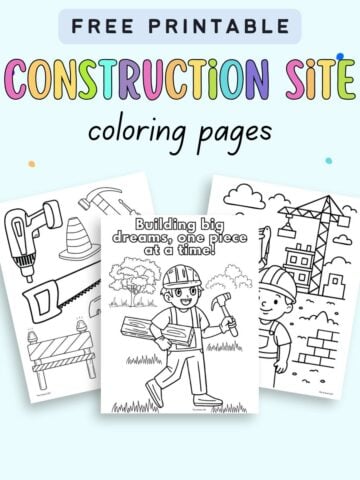 Three free printable coloring pages featuring a construction theme for kids, showcasing various construction tools and a character building with a hammer.