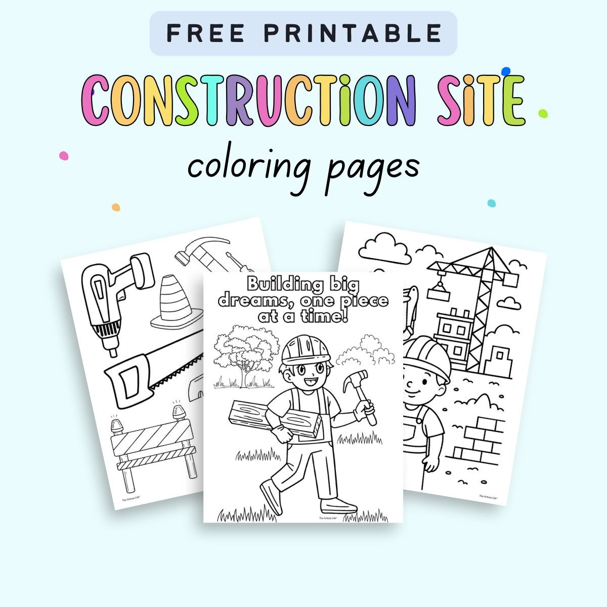 Three free printable coloring pages featuring a construction theme for kids, showcasing various construction tools and a character building with a hammer.
