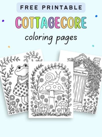 A collection of three black-and-white cottagecore coloring pages featuring a frog in a dress, a snail on a mushroom, and a cottage with the text "Welcome Home," presented as free printables for cottagecore-themed coloring activities.