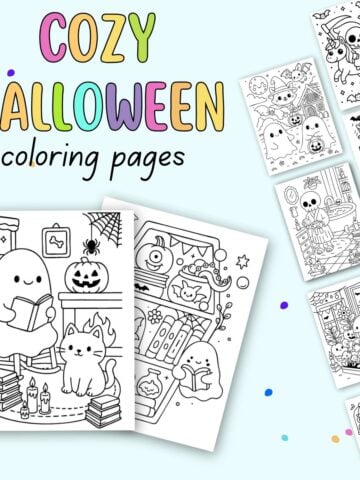A collection of cozy Halloween coloring pages, featuring a ghost reading with a cat by a fireplace and various Halloween-themed designs, presented as free printable options.