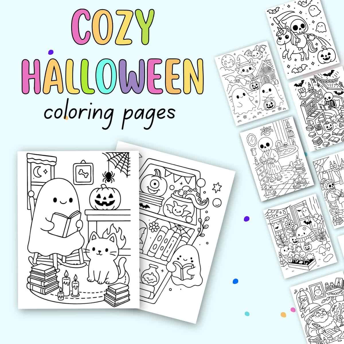 A collection of cozy Halloween coloring pages, featuring a ghost reading with a cat by a fireplace and various Halloween-themed designs, presented as free printable options.
