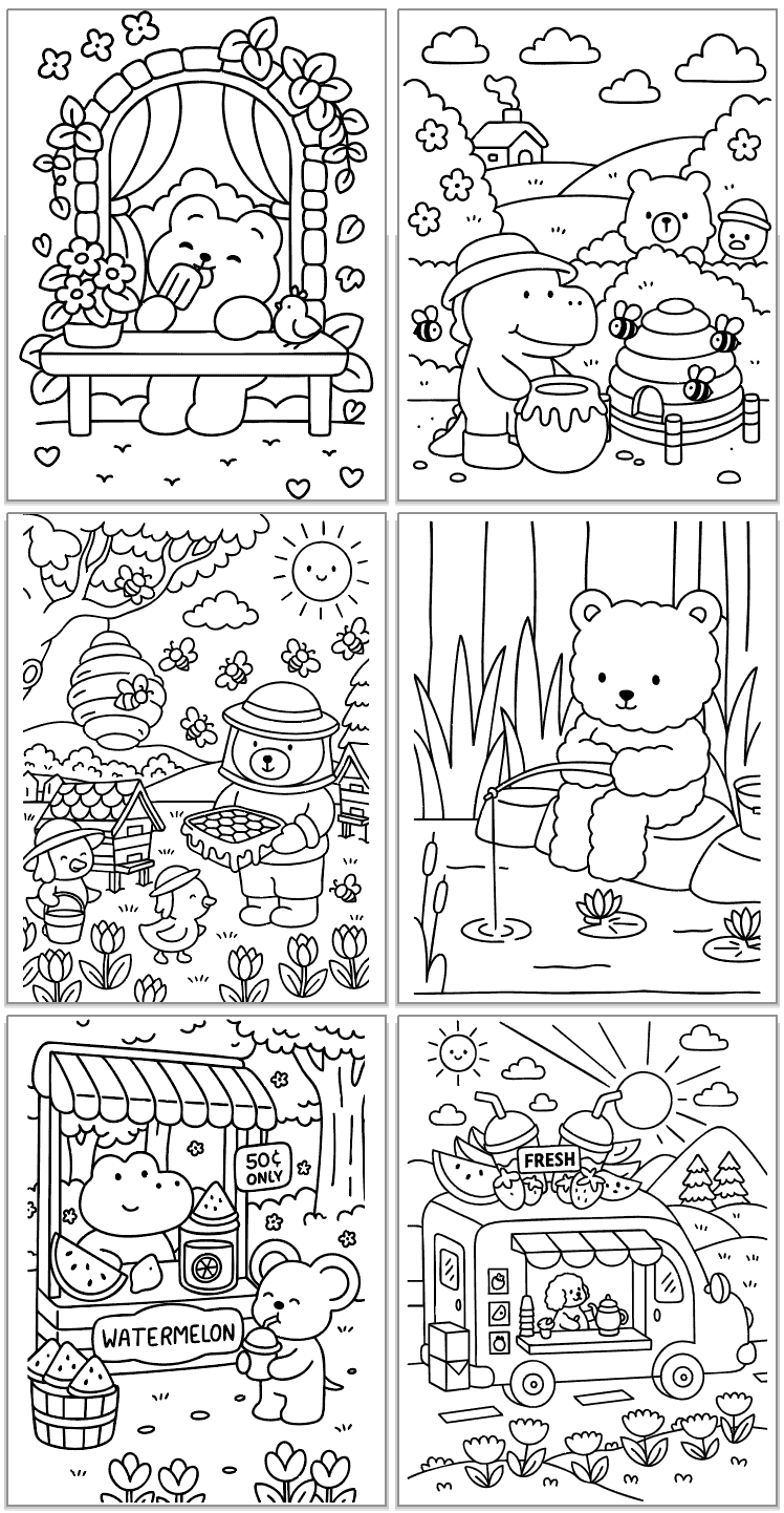 A collection of six black-and-white coloring pages featuring cute animals, including bears and frogs, engaging in summer activities like eating watermelon, fishing, and visiting a food stand.
