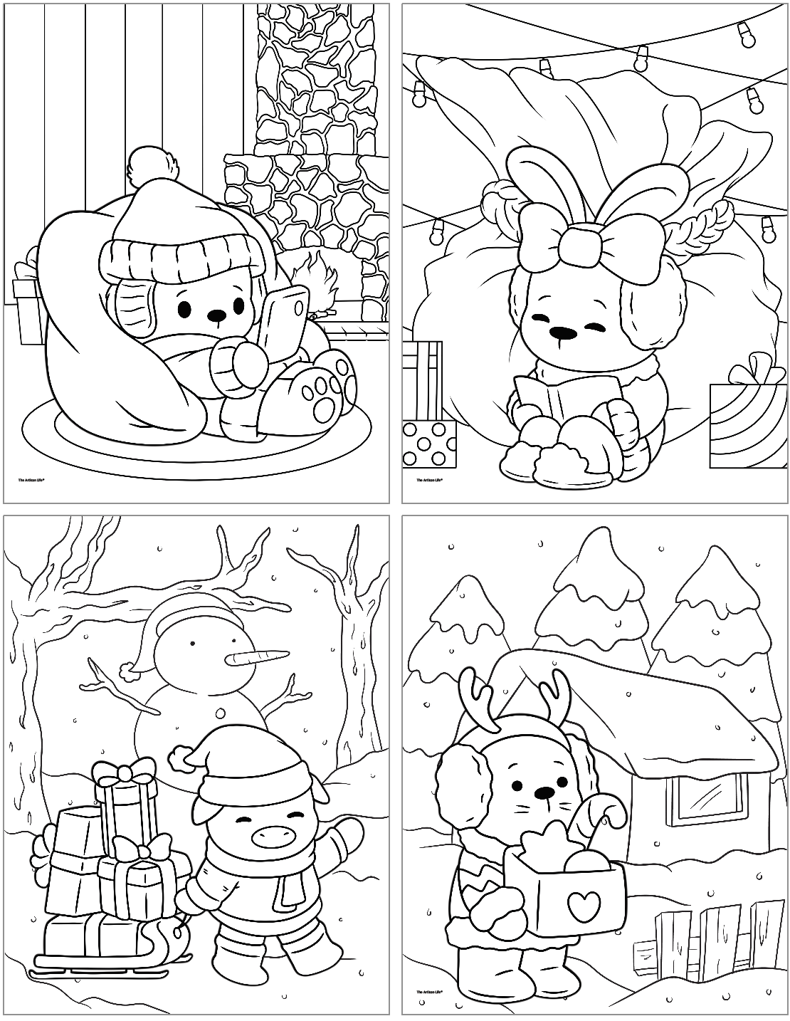A black-and-white illustration featuring four cute Christmas scenes, including a cozy bear by a fireplace, a bear with a gift bag, a pig carrying presents, and a snowy landscape with a snowman and a house, designed for bold and easy Christmas coloring pages.
