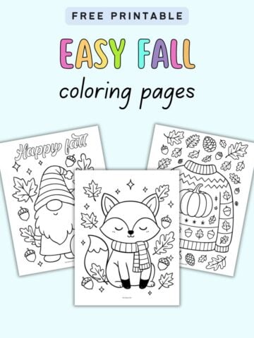 A collection of three free printable fall coloring pages featuring cute designs, including a fox, a festive gnome, and autumn-themed elements, labeled "Easy Fall Coloring Pages."