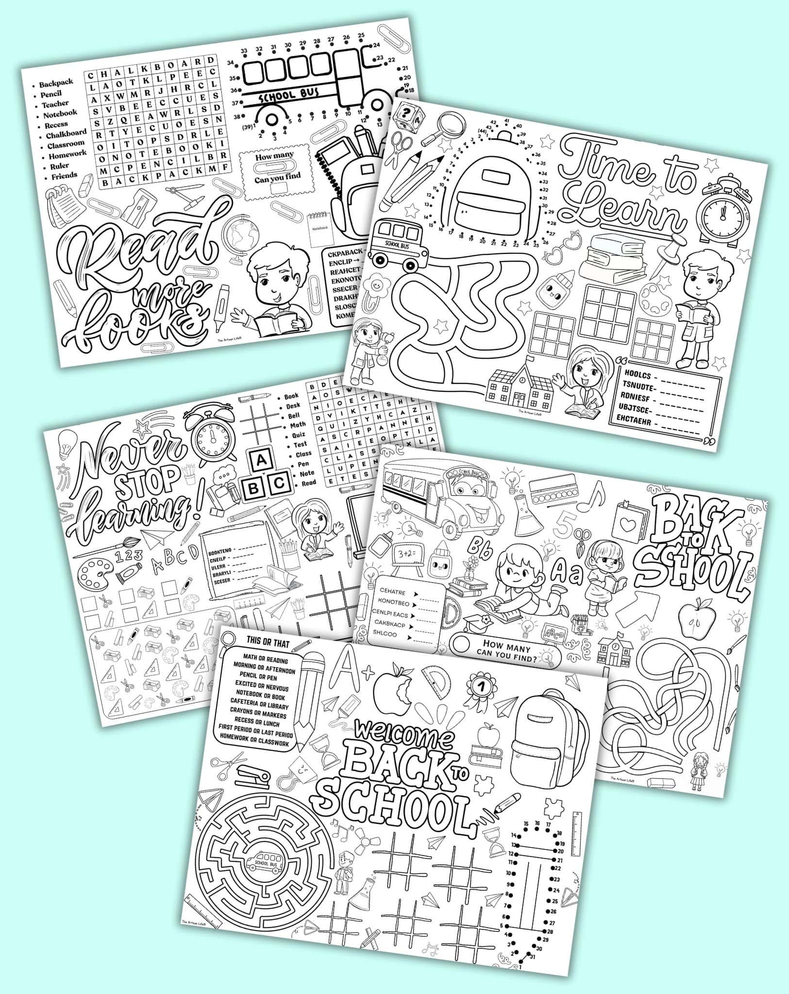 five back to school themed activity placemats with tic tac toe, word games, connect the dots, and more
