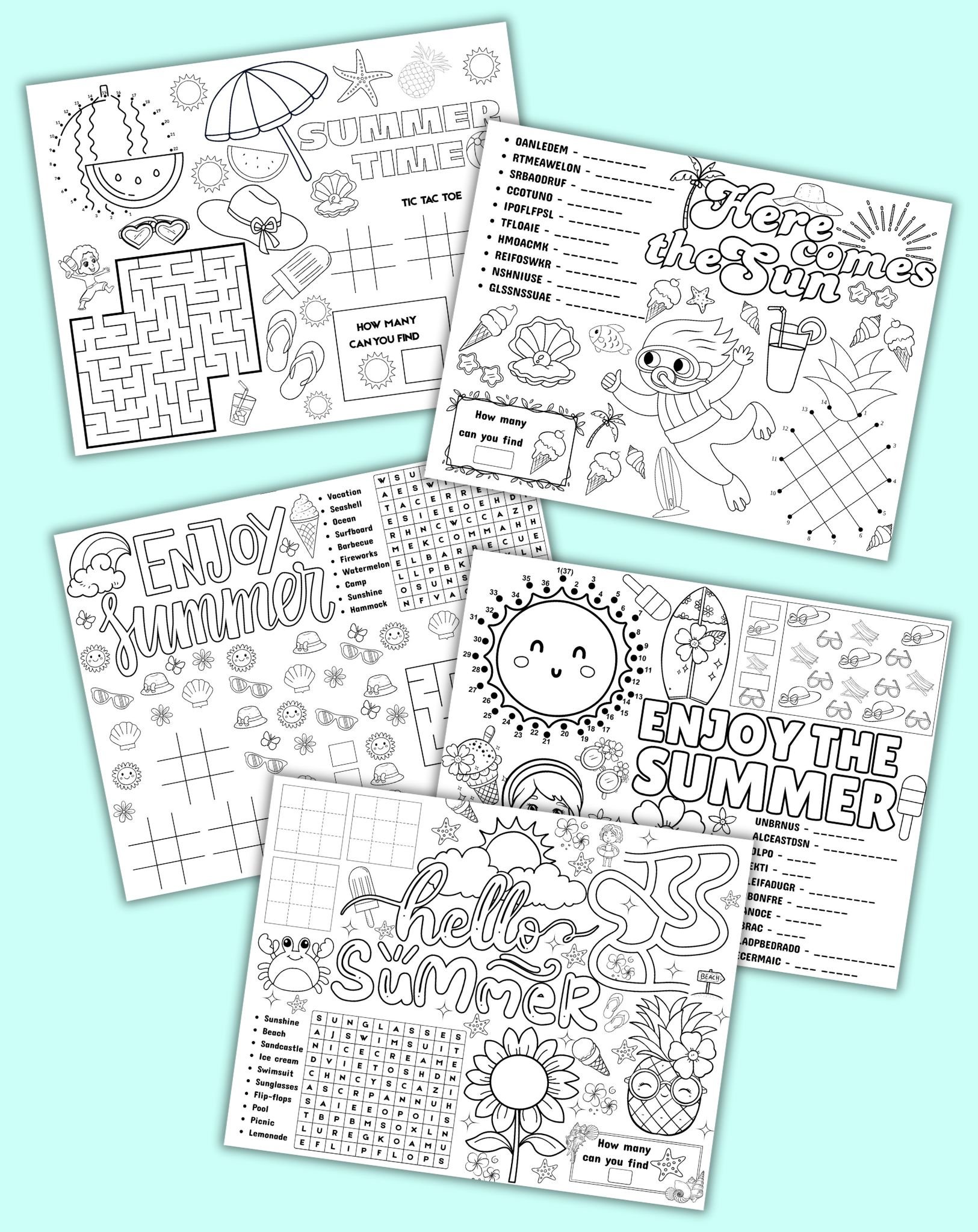 A variety of summer-themed coloring sheets and activity pages, including tic-tac-toe and a maze, are displayed alongside colorful crayons and vibrant paper, showcasing options for summer coloring sheets free printables and summer activity sheets.
