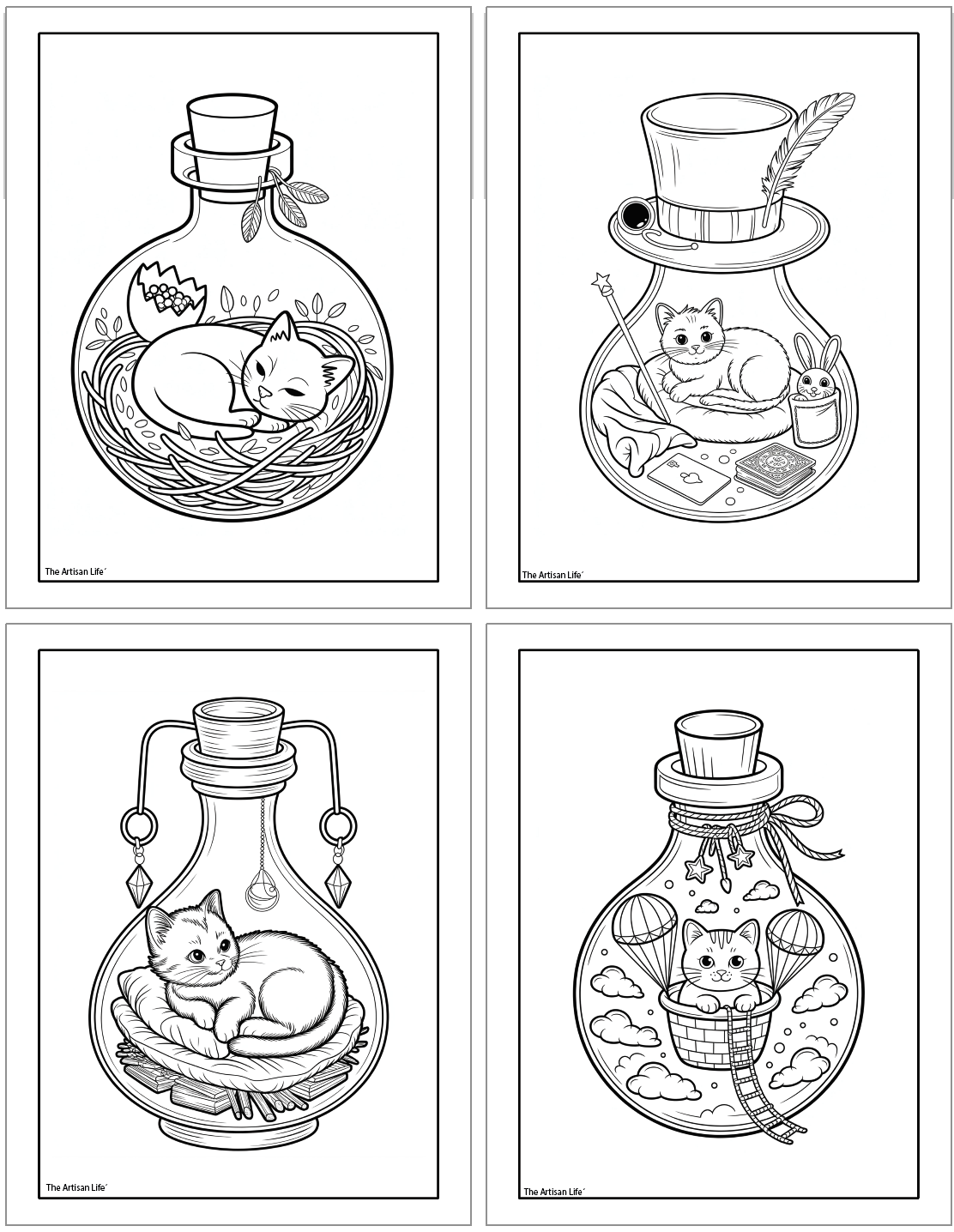 Four black and white coloring pages feature cats inside decorative jars, showcasing themes like a cozy nest, a whimsical setting with a top hat and bunny, a stylized terrarium, and a hot air balloon scene.
