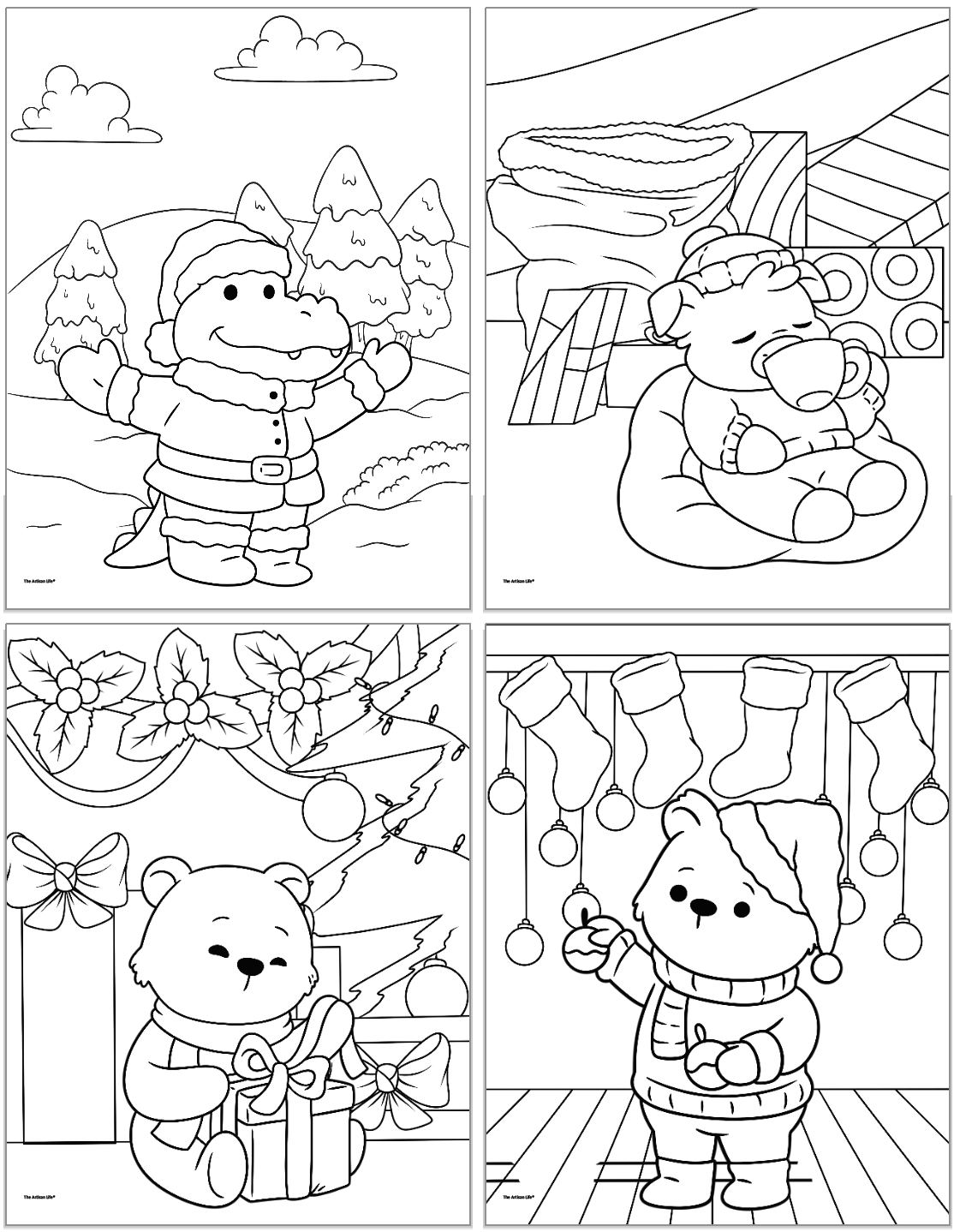 A collection of four bold and easy Christmas coloring pages featuring a cheerful crocodile in a Santa suit, a cozy bear with a cup, a bear with a gift, and a bear holding an ornament, set against festive backgrounds.
