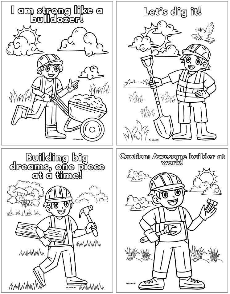 Four black-and-white coloring pages featuring children engaged in construction activities, with phrases like "I am strong like a bulldozer!" and "Caution: Awesome builder at work!", suitable for a construction theme for kids and available as free printable construction coloring pages.
