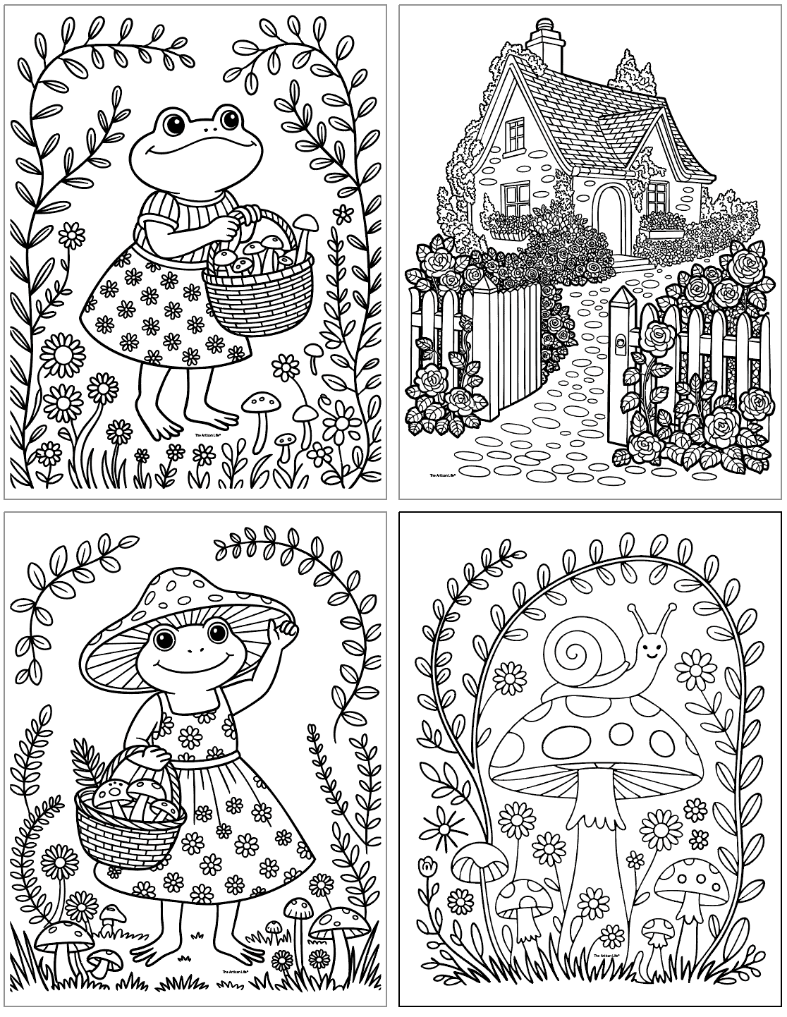 A collection of four black-and-white cottagecore coloring pages features a frog in a dress holding a basket, a quaint cottage surrounded by flowers, another frog with a basket, and a snail on a mushroom, designed for printable art in a cottagecore coloring book.
