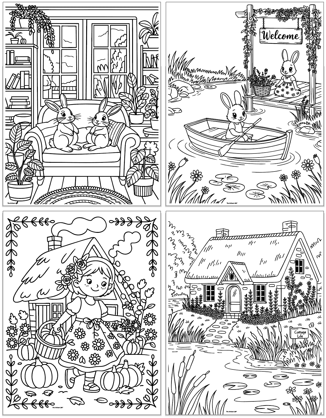 A collection of four black-and-white illustrations featuring cottagecore themes, including rabbits on a couch, a rabbit in a boat, a girl with a basket near a cottage, and a picturesque cottage by a waterway, suitable for free printable cottagecore coloring pages and cottagecore coloring books.

