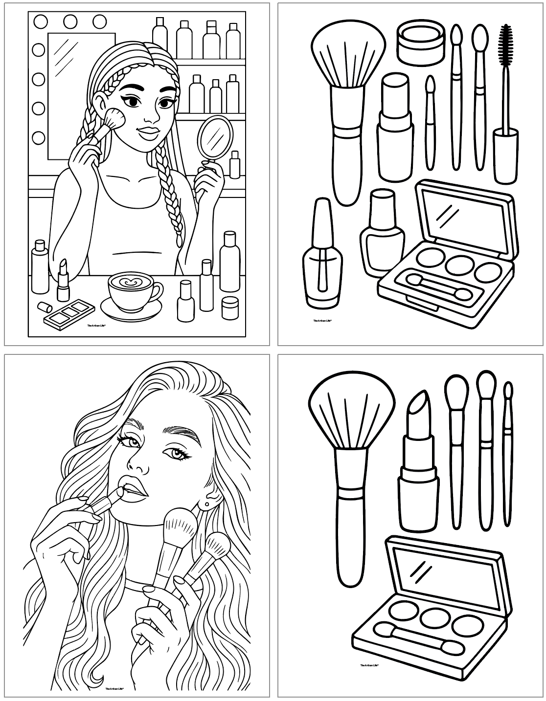 A collection of four black-and-white coloring pages featuring makeup and skincare themes, including a girl applying makeup, cosmetic tools, and product illustrations, suitable for free printable aesthetic makeup coloring pages.
