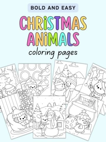 A collection of bold and easy Christmas coloring pages featuring cute animals in various festive scenes, designed for a cozy holiday coloring experience.