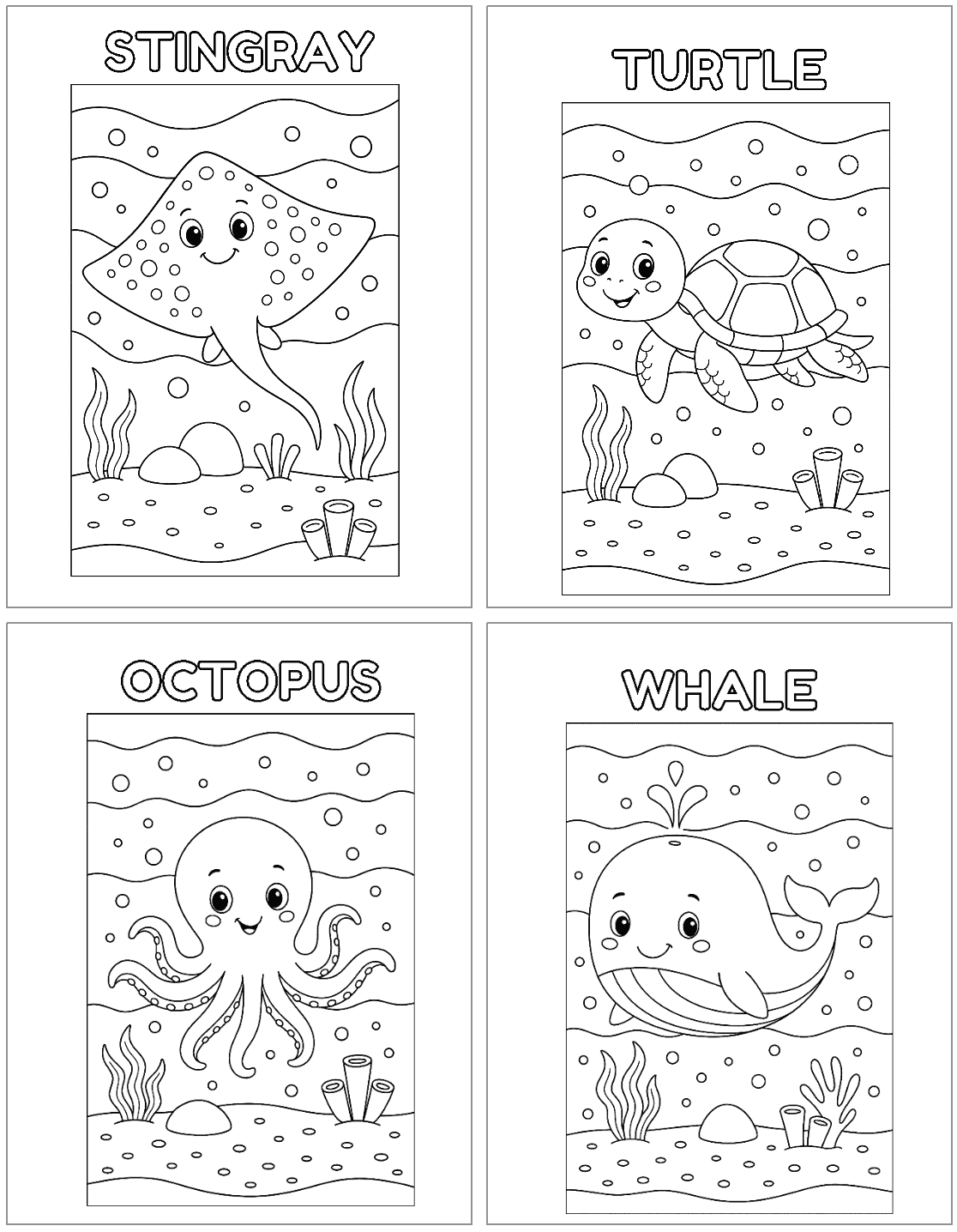 Four ocean-themed coloring pages featuring a stingray, turtle, octopus, and whale, each labeled with the respective sea animal's name.
