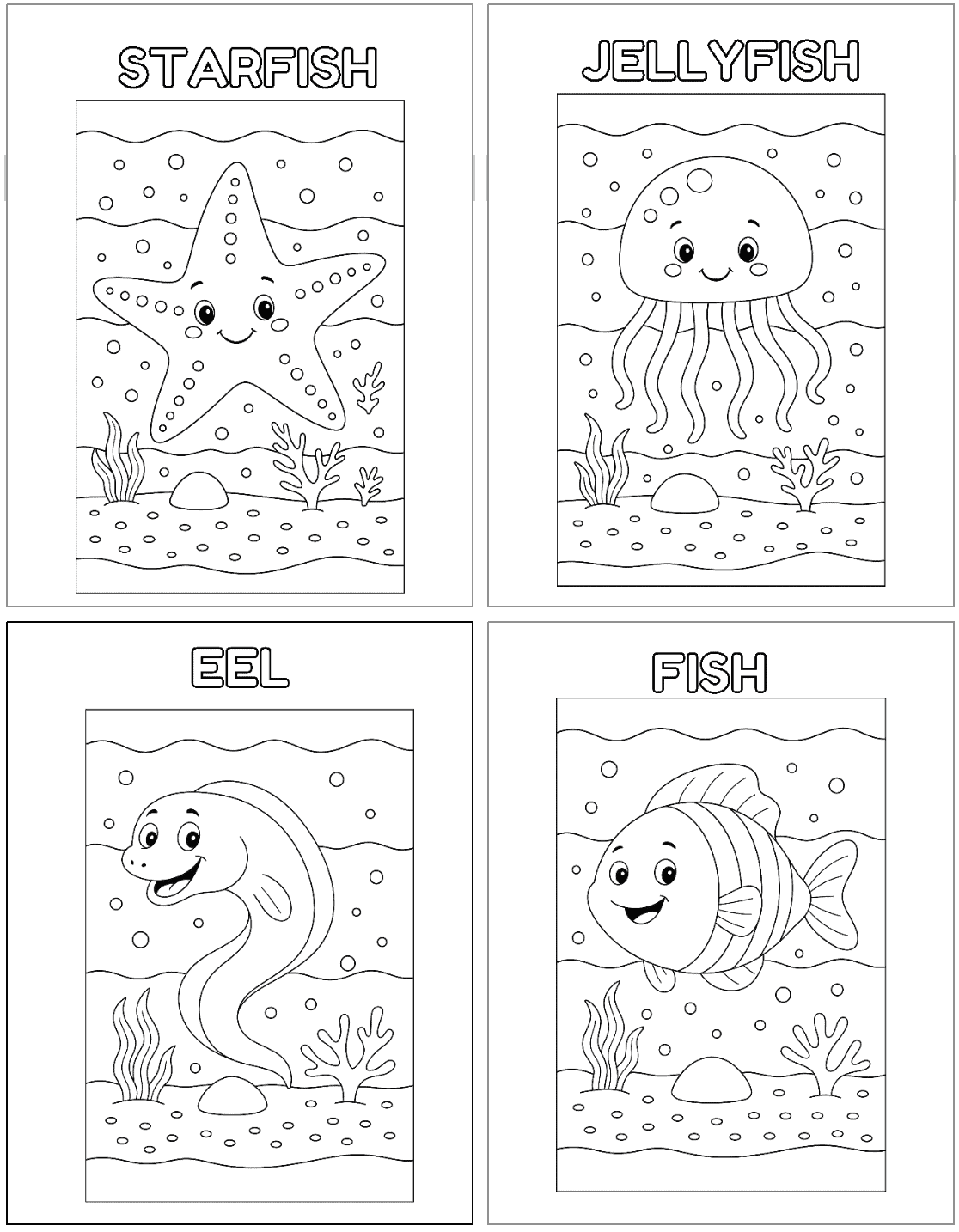 Four coloring pages featuring various sea creatures—starfish, jellyfish, eel, and fish—set against an underwater background with coral and bubbles.
