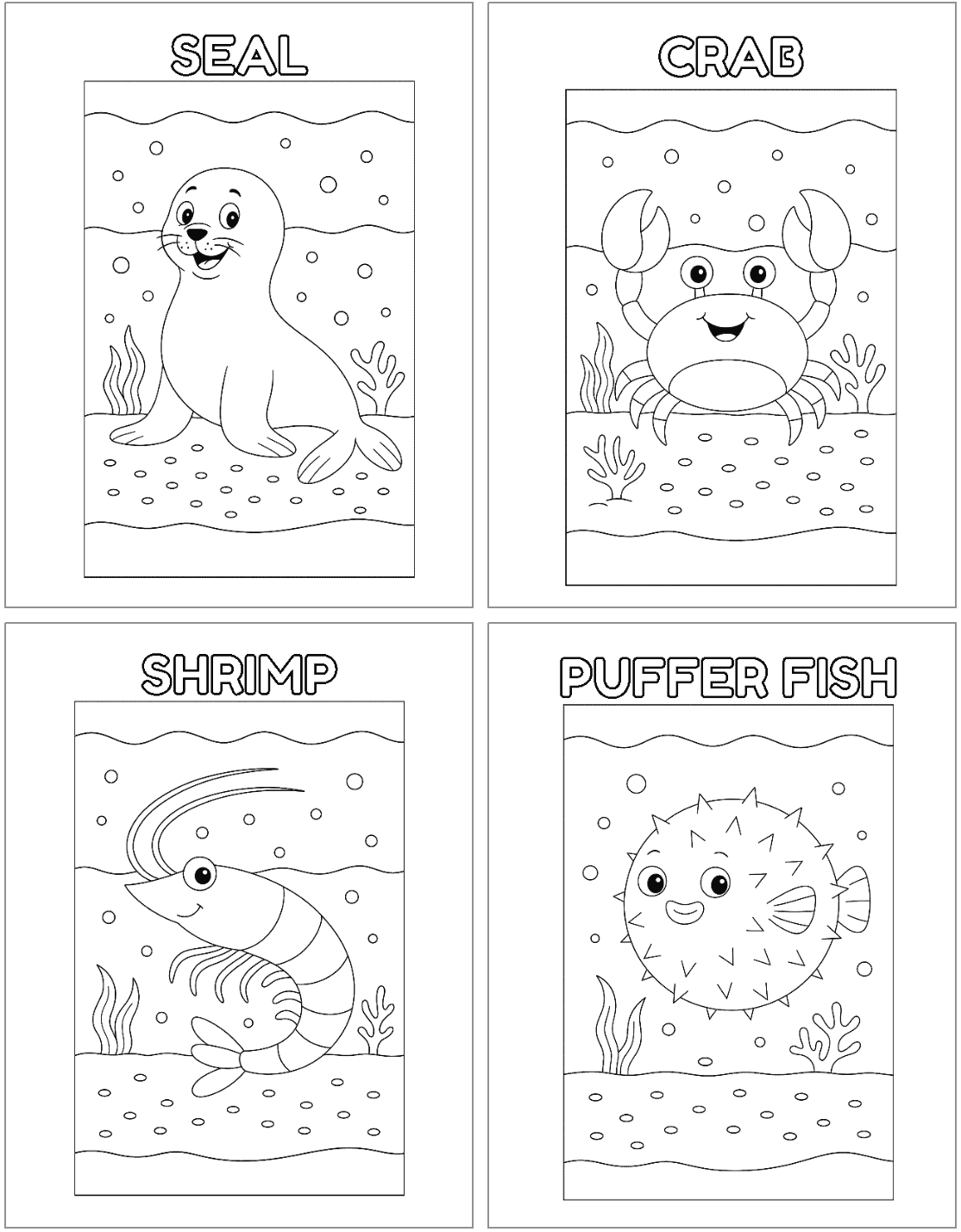 A collection of four black and white coloring pages featuring a seal, crab, shrimp, and puffer fish, designed for ocean-themed coloring activities.
