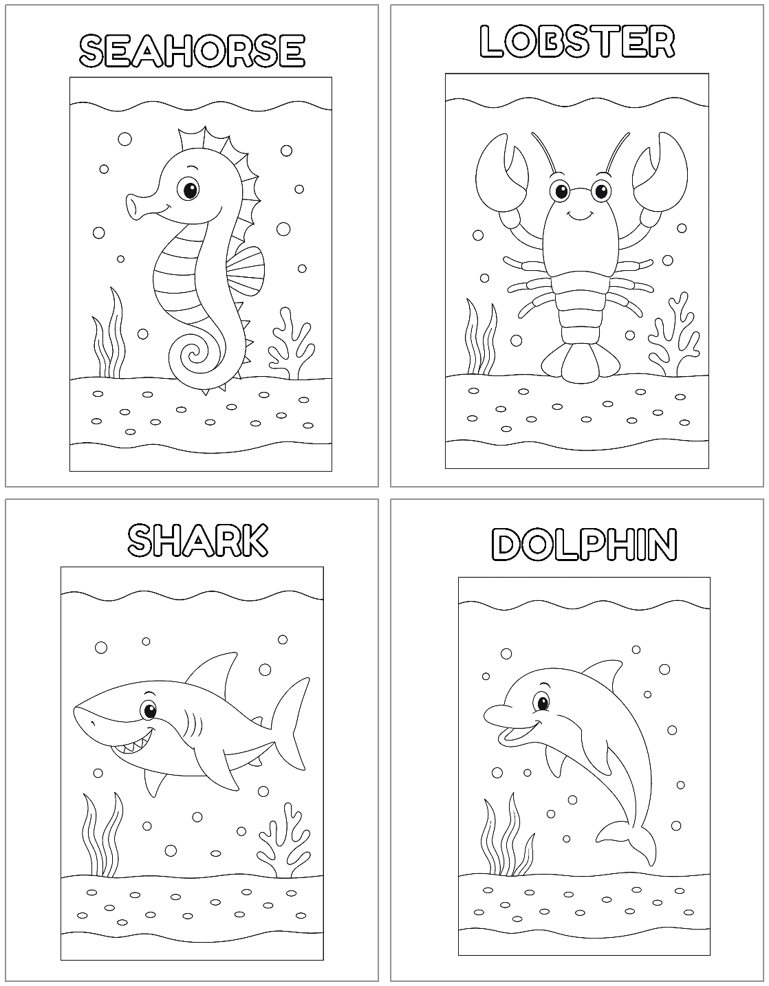 Four coloring pages feature the titles "Seahorse," "Lobster," "Shark," and "Dolphin," each depicting a different sea creature against an underwater background.
