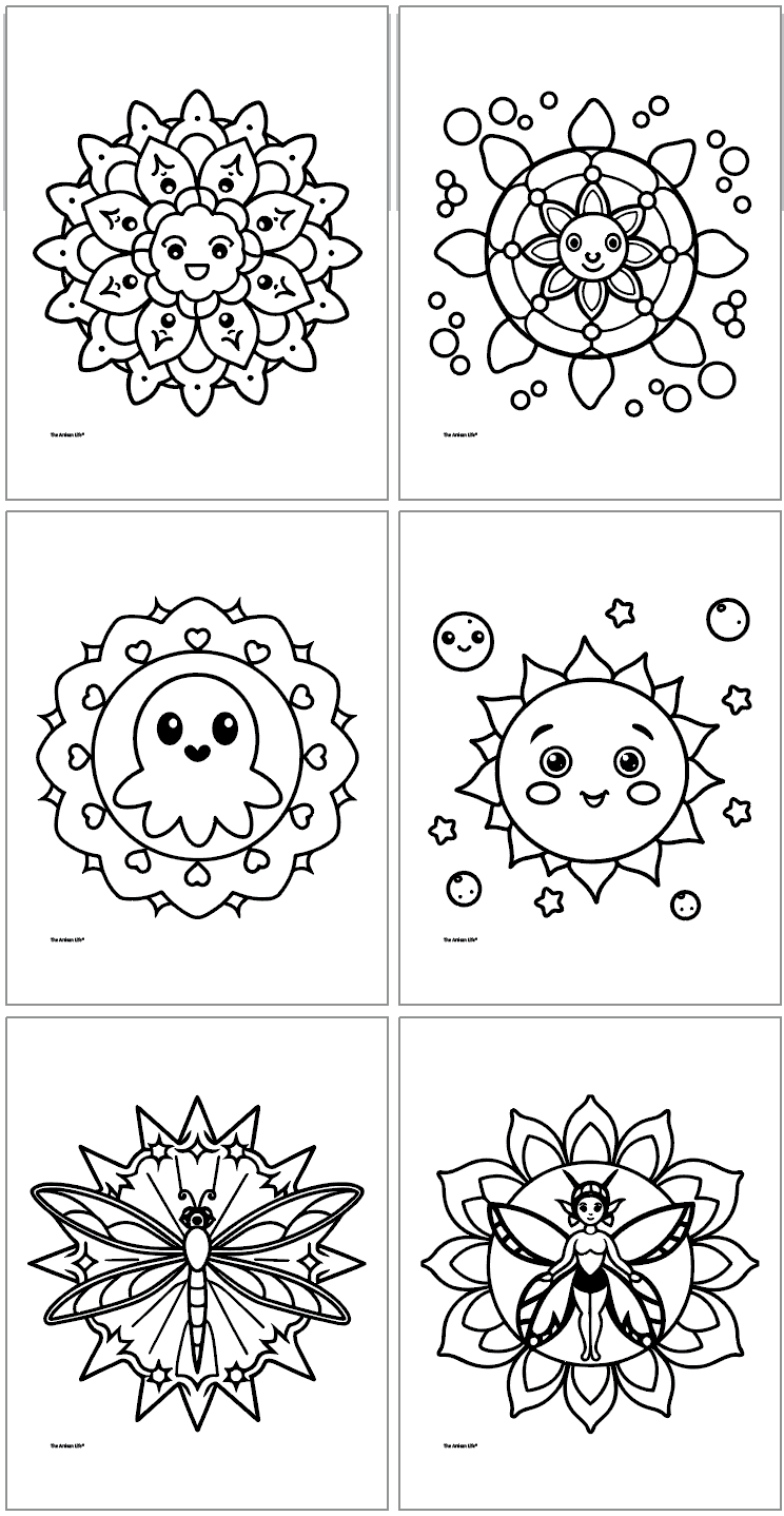 A collection of six black-and-white mandala coloring pages featuring Kawaii designs, including flowers, a smiling sun, an octopus, and a butterfly, suitable for toddlers and kids.
