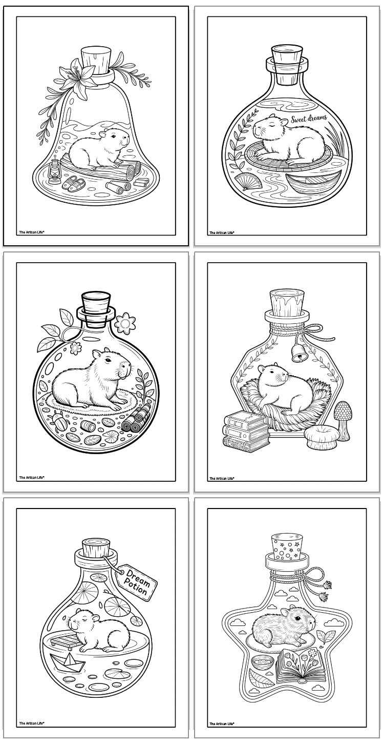A collection of free printable coloring pages featuring cute capybaras and other animals inside jars, showcasing imaginative terrarium-like scenes.
