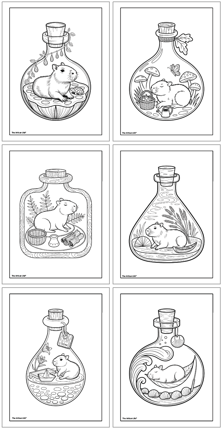A collection of six black-and-white printable coloring pages featuring cute capybaras in jars, surrounded by various elements like plants and objects, suitable for life in a jar coloring activities.
