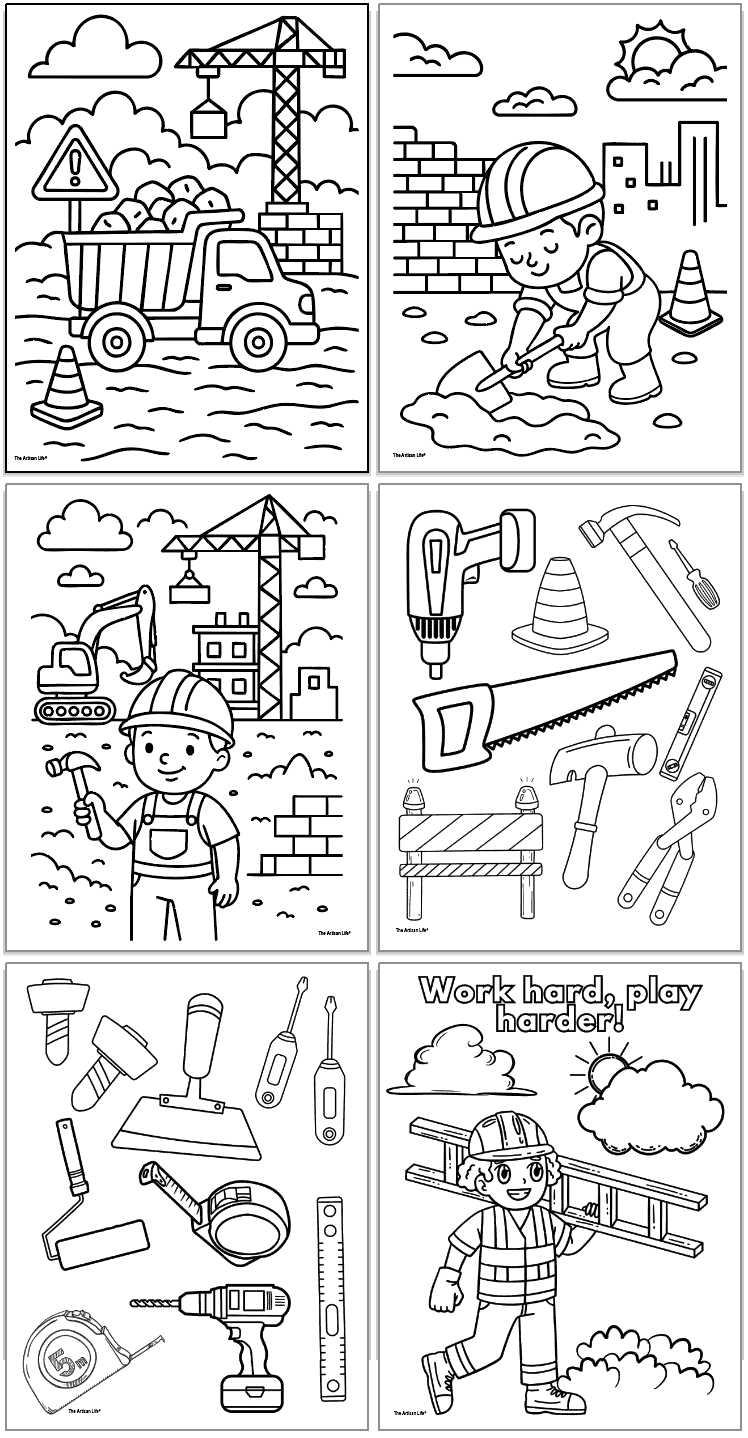 A collage of black and white printable coloring pages featuring various construction-themed images, including construction vehicles, tools, and children engaged in construction activities, suitable for kids.

