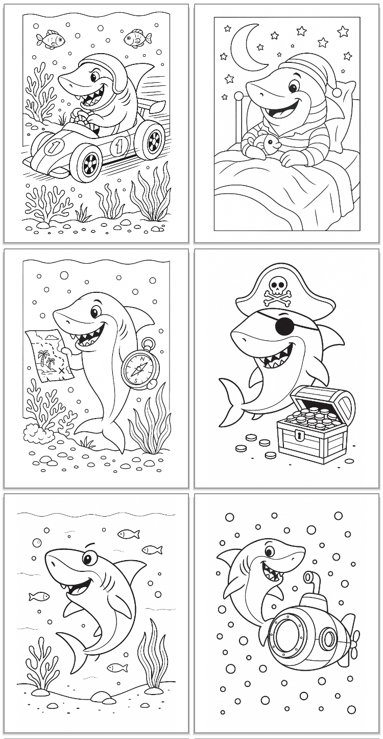 six easy, silly shark coloring pages for kids