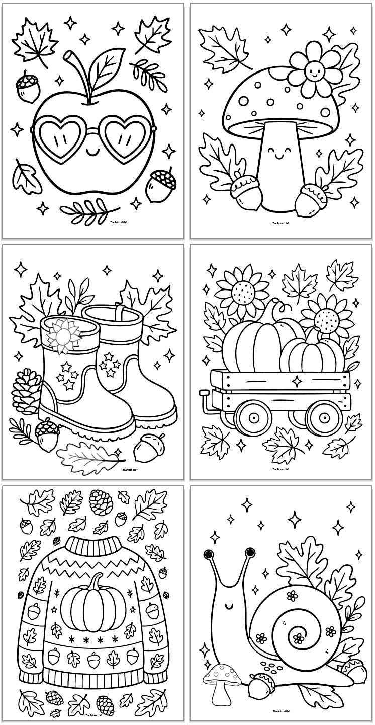A collection of six black-and-white line drawings featuring seasonal elements such as an apple with glasses, a mushroom, rain boots, a wagon with pumpkins, a sweater with a pumpkin design, and a snail, designed as easy fall coloring pages suitable for kids.
