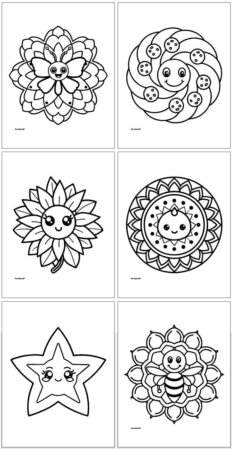 A collection of six black and white mandala coloring pages featuring cute designs, including a butterfly, a smiley snail, a sunflower, and a bee, suitable for toddlers and kids.
